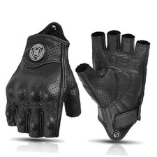 Classic Vintage Perforation Leather Motorcycle Gloves Half Medium Black-Hole