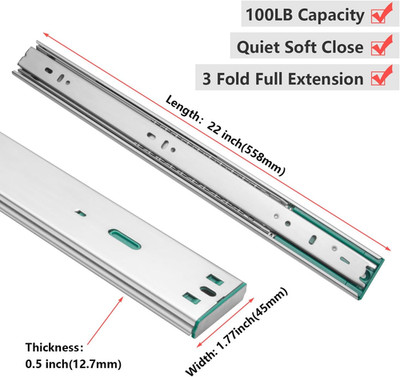 10 Pairs Soft Close Drawer Slides 22'' Side Mount Dresser Cabinet Rails Metal Bal