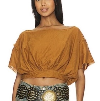 We The Free Bubble Crop Top Linen Blend Boho Hippy Raw Seams Festival Sz Large