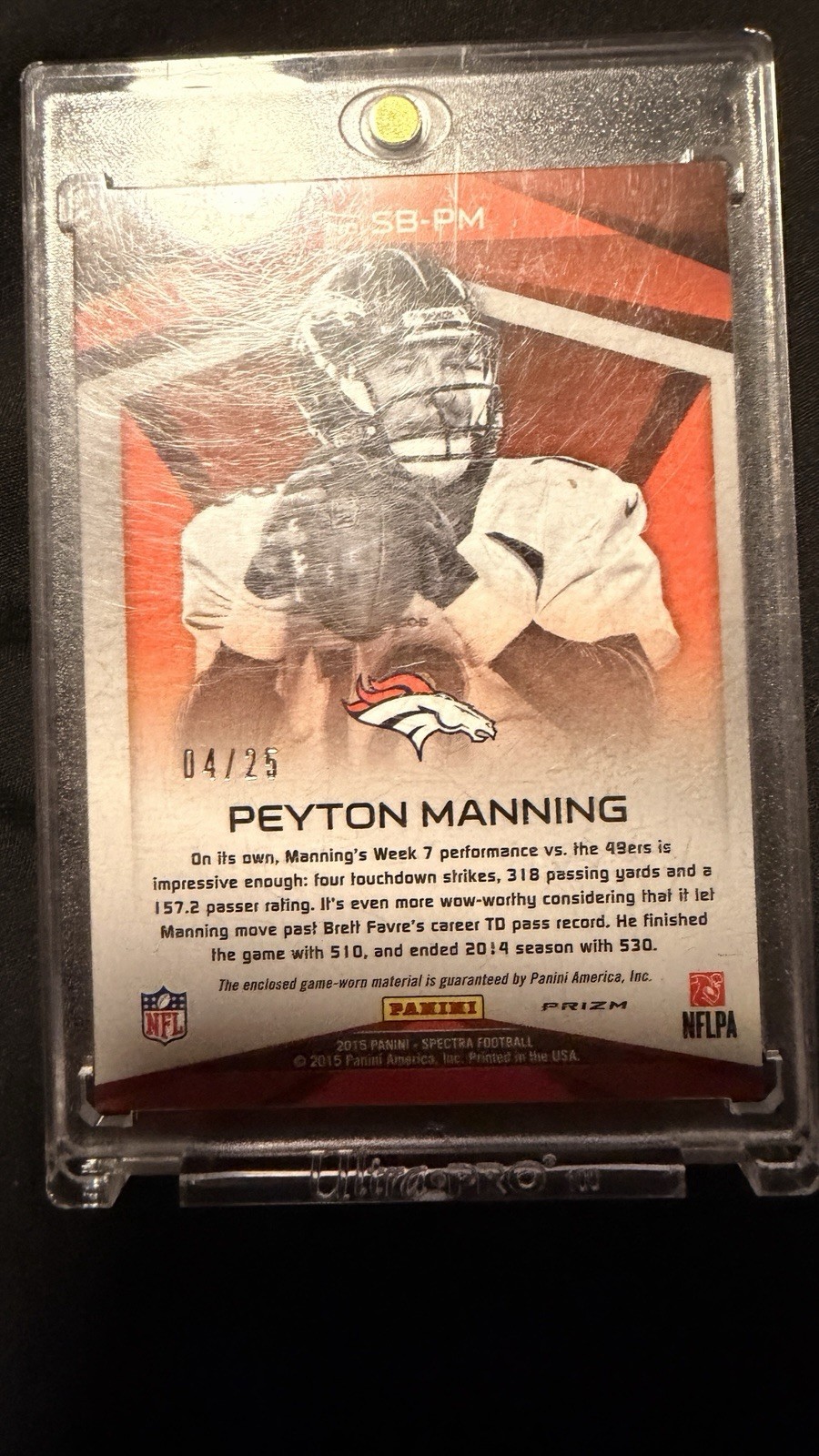 Peyton Manning GAME WORN patch 2015 Panini Spectra Sunday Best /25 Broncos/colt view 3