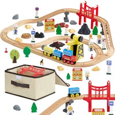 VEVOR 70PCS Wooden Train Set for Kids Ages 3-8 Track Toy Construction Crane