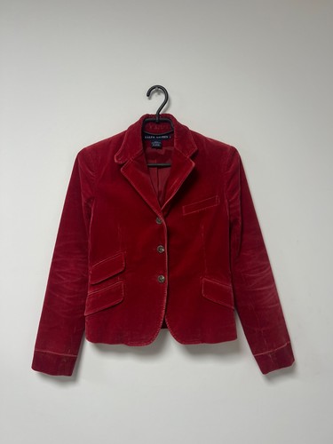 Vintage Ralph Lauren Velvet Blazer Red Jacket Rare Blue Label Luxury Womens sz 4 - Picture 2 of 24