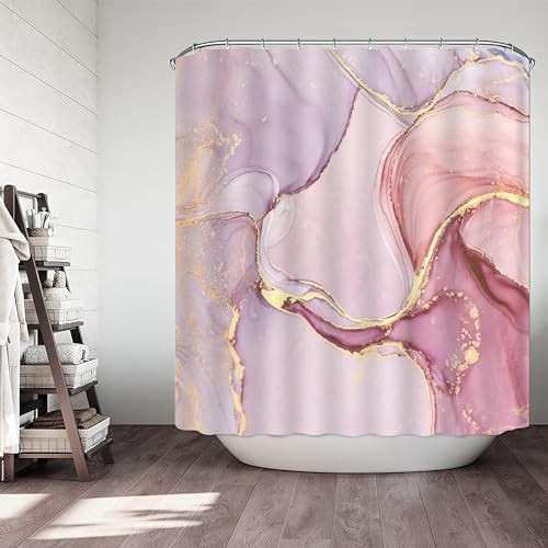 4Pcs Luxury Marble Shower Curtain Sets, Bathroom Sets with Shower Curtain, Pink - Imagen 2 de 7
