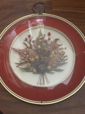 VINTAGE BELGIUM DRIED FLOWERS SET ROUND DOME GLASS GOLD FRAME Wall Decor