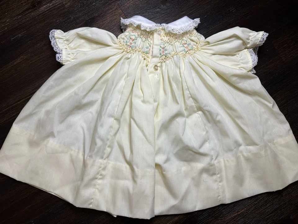 Vintage Polly Flinders Hand Smocked Dress Lot Of 2- Baby Girl 6 & 6-9 Mo (Flaws) - Image 3 of 4