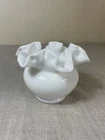 VTG Fenton Ruffled Crimped Edge Small 3" White Milk Glass Melon Vase antique MCM
