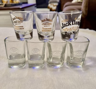 7 Jack Daniel s Whiskey Shot Glasses. 3 Sets of 2 and One by Itself. Vintage