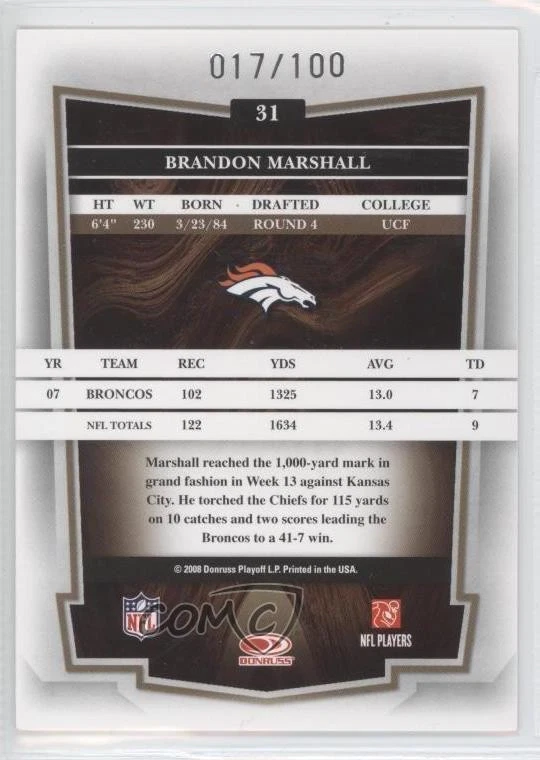 2008 Donruss Classics Timeless Tributes Silver /100 Brandon Marshall #31 - Image 2 of 2