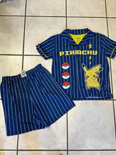 Pok mon Pikachu Boys 2pc Pajama Set Button-Up Striped Blue/Yellow L 10/12