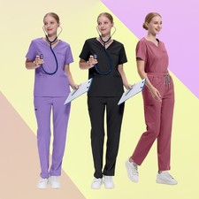 Unisex Medical Scrub Set V-Neck Top  Straight Leg Pants Soft Breathable Fabric