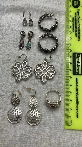 Vintage Estate Jewelry Size 5.5 “925” Sterling Silver Ring, 4 Earrings, 2 Charms