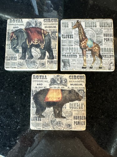 Studio Vertu, Set of 3 Tumbled Circus Bear Giraffe Elephant Tile Coasters
