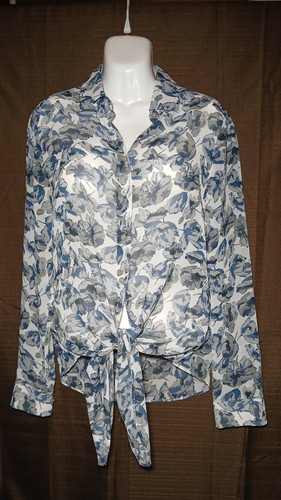 BANANA REPUBLIC Tie hem Floral Blouse Chiffon Collared Long sleeved Sheer Size 0 - Picture 3 of 17