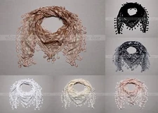 64" Lace Triangle Scarf Leaf Seed Fringe Tassel Sheer Floral Print Embroidery