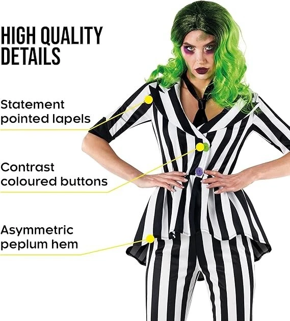 Mujer Disfraz Beetlejuice Negro Blanco Rayas Horror Traje Halloween S - 3XL Foto 4 de 4