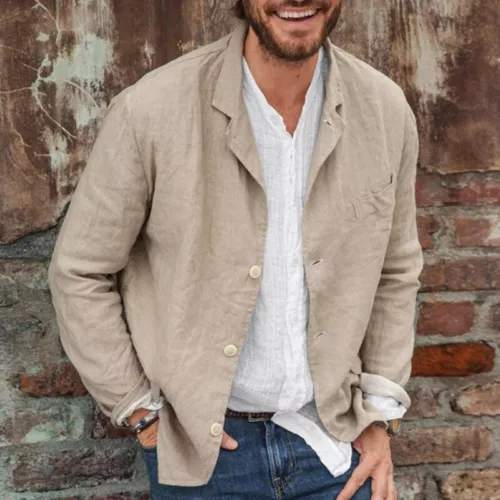 Men's Lightweight Linen Cotton Jacket Summer Leisure Blazer Coat Breathable Soft - Picture 5 of 18