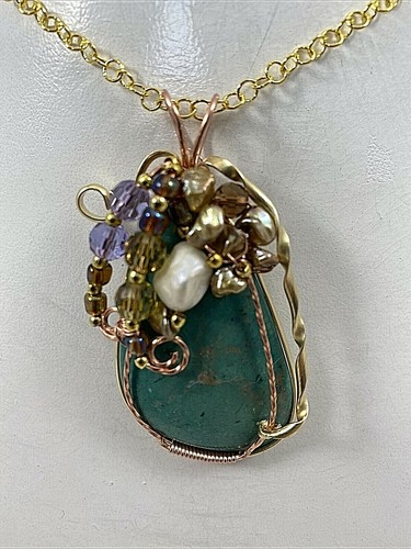 Handmade Copper Wire Wrap 1 1/2" x 2 1/2" Turquoise Pendant #261 & 18" Chain - Picture 5 of 6