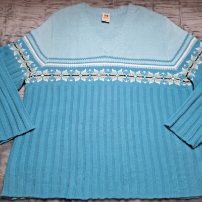 Vtg FADED GLORY Fair Isle Cable Knit Sweater Plus Sz 26/28 Blue V-Neck Holiday