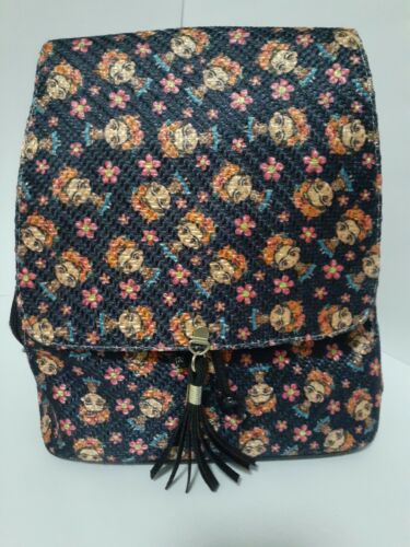 Frida Kahlo Cartoon Character Backpack Handbag Bag Purse black floral pink blue - 第 1/7 張圖片