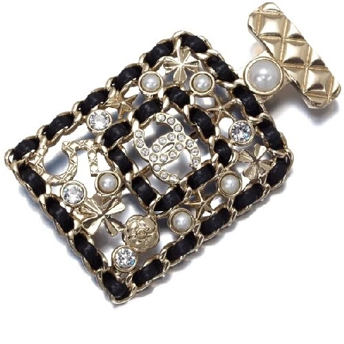 Chanel metal and lambskin cheap brooch