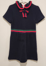 Authentic Gucci Girls Size 6 Navy Cotton Dress With Web Bow Originally $465