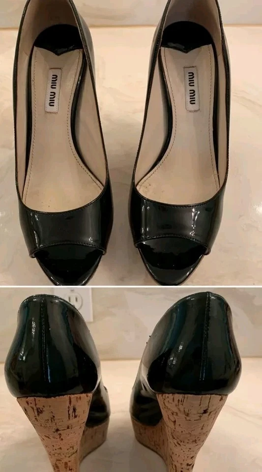 Tacón de cuña de cuero con punta abierta Mui Mui talla 38 EE. UU. 7,5 para mujer Foto 3 de 4