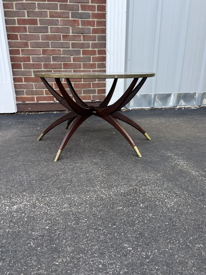 Mesa araña mármol piedra mosaico café teca 30” redonda mcm mediados siglo marroquí Foto 3 de 4