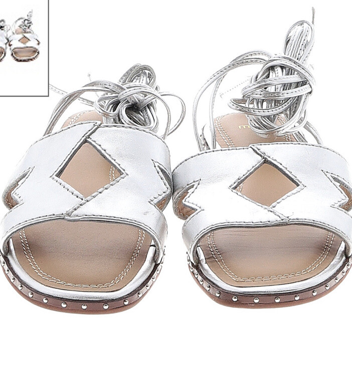 Maje ARGENT Silver Studded Cutout Leather Ankle-Tie Flat Sandals