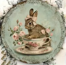 Metal Sign  Wreath Center  CUTE BUNNY RABBIT IN A TEA CUP  #1  8 x 8