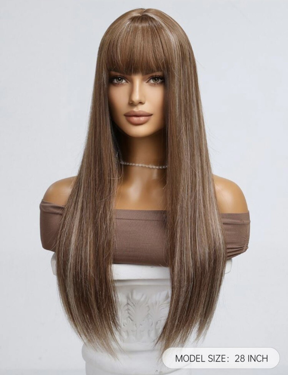 Perruque Longue Lisse Synthétique Brune Avec Frange - Bonnet Moyen, 4 Bonnets Offerts, Neuve Sans étiquette