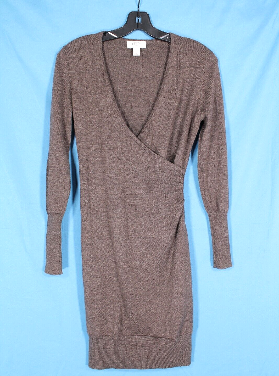 LOFT PETITE Ann Taylor MERINO WOOL Brow FAUX WRAP Ribbed Tim SWEATER DRESS Sz PS