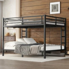 Queen Over Queen Size Metal Bunk Bed w/2 Side Ladder for Teens Adults Black