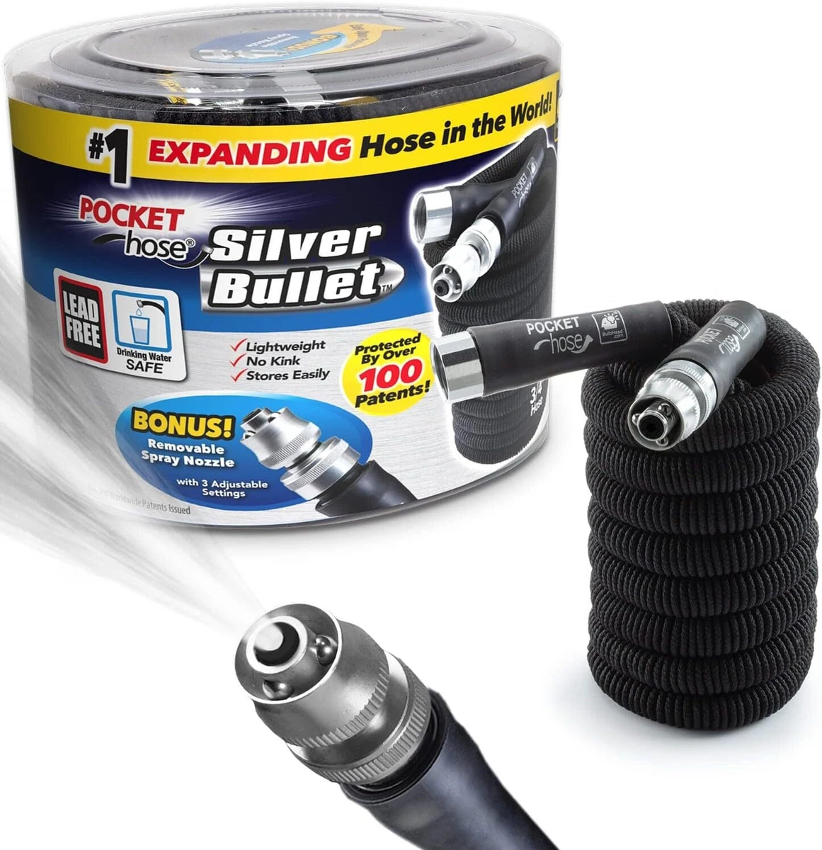 Pocket Hose Silver Bullet 25 ft Turbo Shot Nozzle Multiple Spray