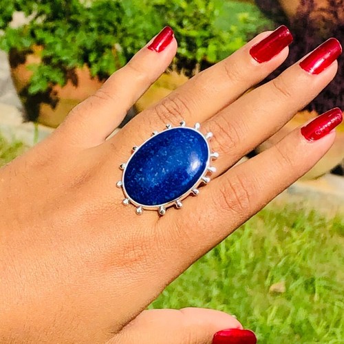 Bague Cocktail En Argent 925 Avec Lapis-lazuli Naturel - Pierre Bleue 30mm - Toutes Tailles - Fait Main