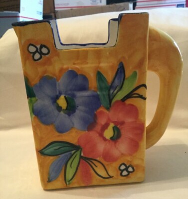 Yellow Square Pitcher W/ Flowers Artesania Espanola Benalmadena Spain 6.5  x 5 