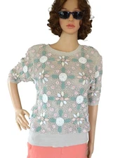 Vintage 80s Gimo's Pastel Crochet Blouse Beige Pink Green Size M Grannycore