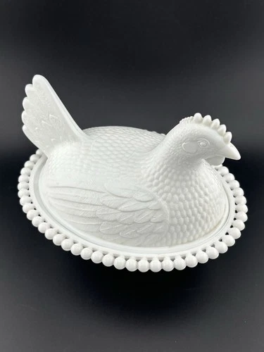 Vintage Indiana Glass Milk Glass Hen on Nest Slotted Bead Covered Dish