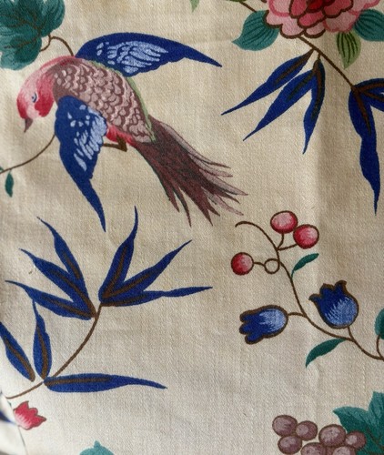 Vintage French Chinoiserie Floral Bird Grapes Cotton Fabric ~ Blue Pink Green - Picture 8 of 14