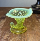 VTG Fenton Opalescent Vaseline Uranium Glass Mini Hobnail Pulpit Cornucopia Vase