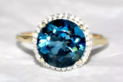 Halo-Ring 9 kt Gold London Blautopas & weißer Zirkon 4,85 kt Größe N