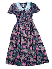 Miss Dorby Women’s 14 Dress Blue Floral Pearl Button Maxi Modest Lace Collar VTG