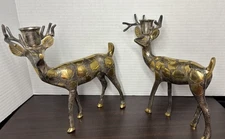 Vintage Christmas Deer Brass Silver Tone Etched Candle Holders Detailed Two