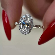 3 CT Oval Cut VVS1 Moissanite Halo Engagement Ring In 14k White Gold Plated