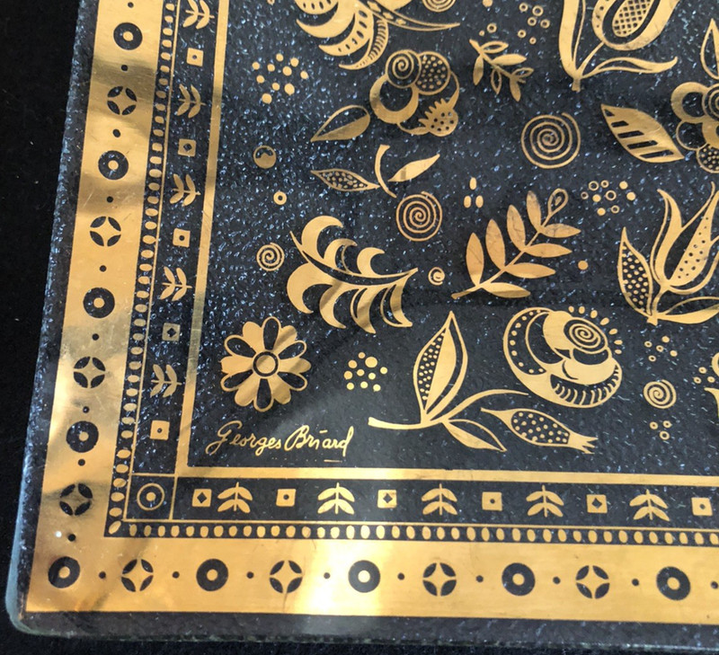 Vintage MCM Georges Briard Plate Glass Gold Floral Design Plate/ Tray Signed