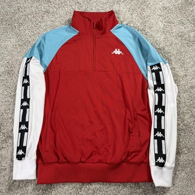 Kappa Sweatshirt Mens Medium Red 1/4 Zip Logo Tape Sleeve Colorblock Pullover