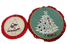 VTG Set of 2 Needlepoint CHRISTMAS TREES. Round Wooden Frames