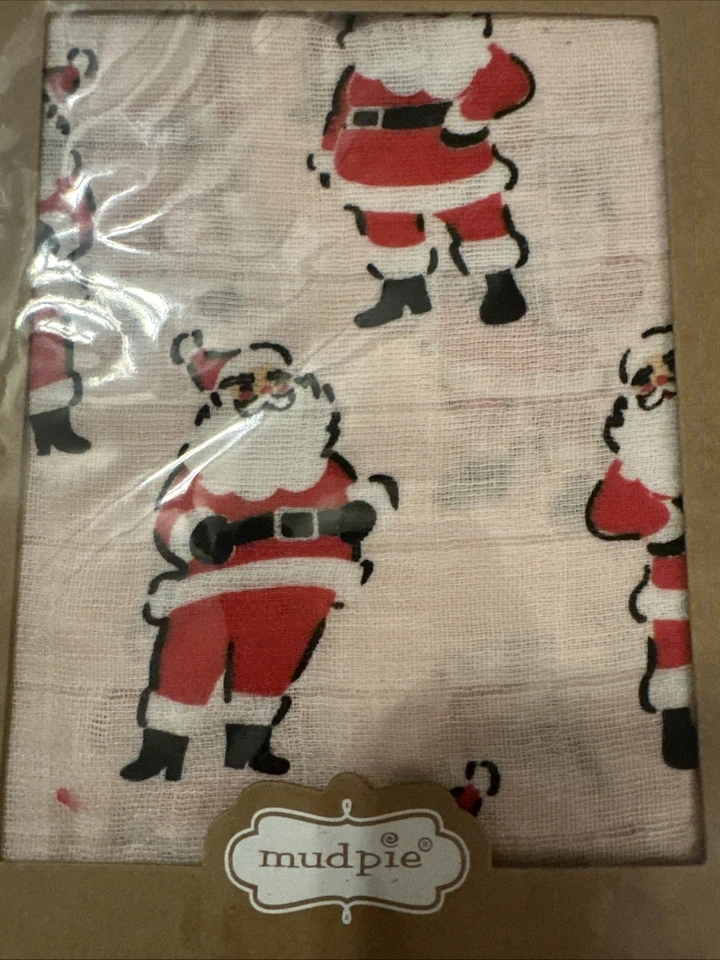 Vintage Santa style Muslin Swaddle Blanket 100% Cotton 47x47 - mud pie New Pink - Image 2 of 3