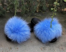 Fox Fur Slides Sandals Slippers Color Blue Size 6