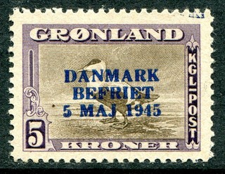 (673) VERY GOOD 1945 GREENLAND 5k LIBERATION SG25 FINE FRESH UNMOUNTED MINT