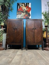 Pair Of Vintage Art Deco Dark Tiger Oak Veneer Bedside Cabinets Cupboards